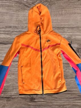 Nike Mens Orange Zip-Up Hoodie with Pink and Blue Accents